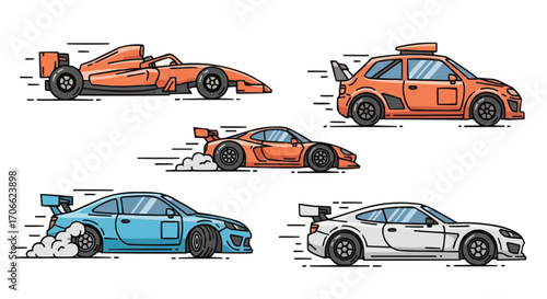 Explore vector illustration of race cars, sports cars, and formula cars in vibrant colors for design inspiration vector