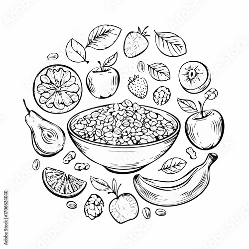 healthy muesli breakfast with oats and fruits in vector