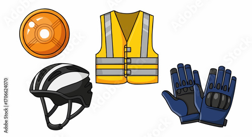 Buy cycling safety gear online helmet vest gloves light for safe bike riding and visibility equipment vector