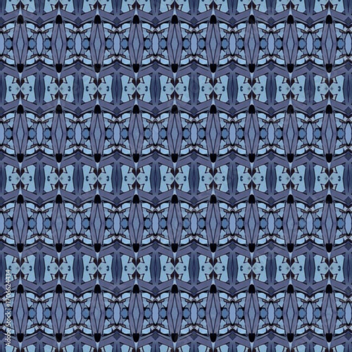 Seamless blue geometric pattern with mirrored diamond shapes, perfect for textile, wallpaper, or digital backgrounds. Keywords: geometric, pattern, seamless.