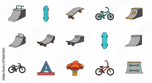 Skatepark equipment vector illustration ramps skateboards bmx bikes and parachute for extreme sports design vector