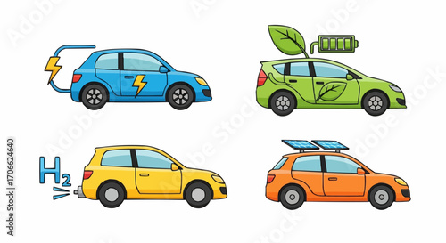Electric vehicle ev car types and alternative fuel sources hydrogen solar battery green energy transportation vector