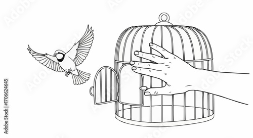 Vector art of a hand opens a birdcage door, allowing a bird to fly free into the sky, symbolizing freedom and escape