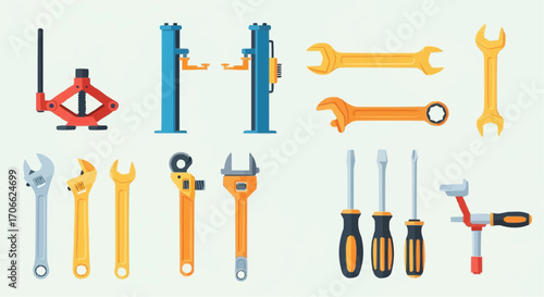 Vector illustration of car repair tools equipment including wrench screwdriver jack lift and other auto tools vector