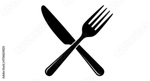 Foto A black and white graphic image of a crossed knife and fork on a plain white bac