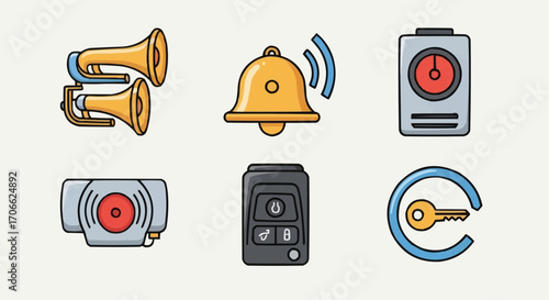 Explore security system icons including alarm, siren, bell, camera, remote, and key for protection needs vector