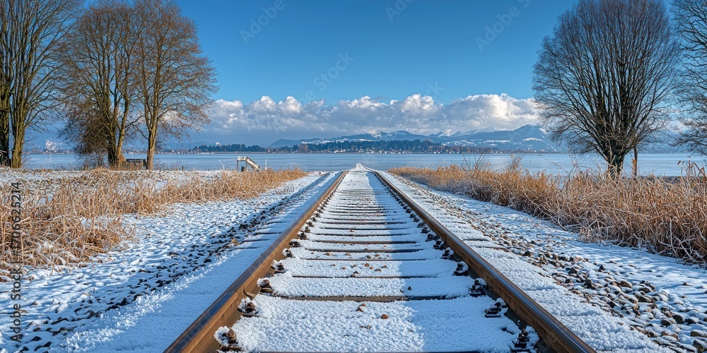 Fototapeta premium Snowy railroad tracks lead toward mountains across lake under bright sky