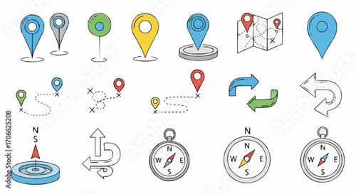 Navigation icons set: map location pin, compass, direction arrow, gps route marker and travel destination symbols vector