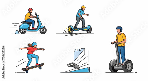 Explore different personal transportation devices like scooter skateboard hoverboard and segway for fun and travel vector