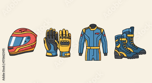 Explore racing gear essentials helmet gloves suit and boots for motorsports and karting safety equipment vector