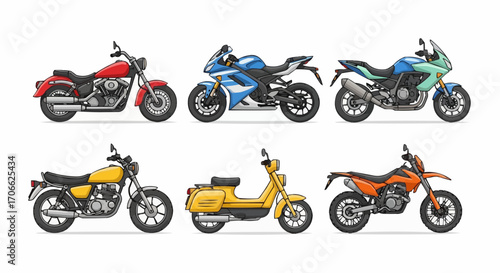 Explore different types of motorcycles including sport bikes, cruisers, scooters, and dirt bikes models design vector