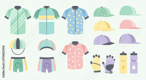 Cycling apparel and accessories vector design featuring jerseys shorts gloves caps and water bottles graphic set vector