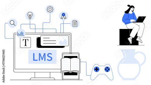 Laptop user next to LMS-connected icons thumbs up books, game controller, search, documents, graphics. Ideal for education, technology, e-learning, productivity gamification digital tools simple