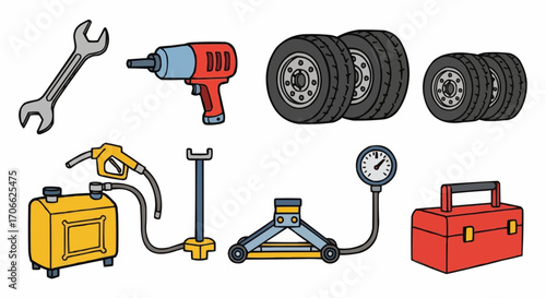 Automotive repair tools and equipment for car maintenance service and vehicle repair shop essentials set vector