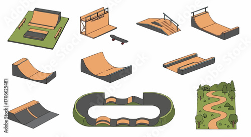Explore skate park design ideas and layouts for your next project featuring ramps rails and funbox elements vector