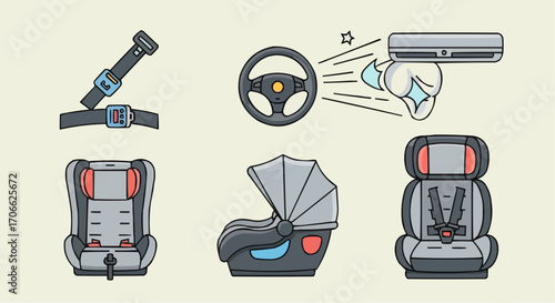 Car safety features illustration: seatbelt, steering wheel, ac, baby car seat and child car seat safety vector