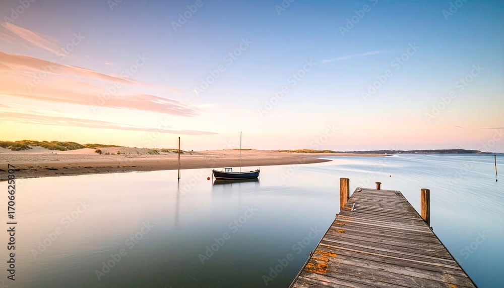 Fototapeta premium Serene Sunset over Calm Bay with Small Boat and Stone Pier