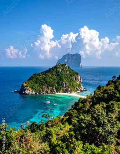 Tropical island paradise with turquoise water, lush greenery, and white sand beach