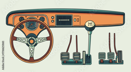 Vintage car dashboard interior illustration with steering wheel pedals and gear shift design element vector