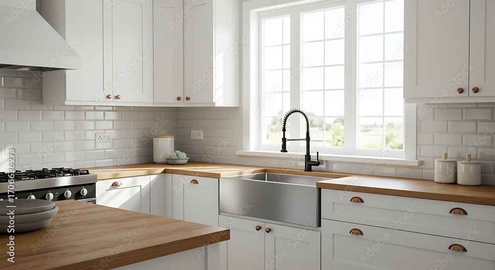 Fototapeta premium Sunlit Modern Farmhouse Kitchen with White Cabinets Wood Countertops and Garden View.