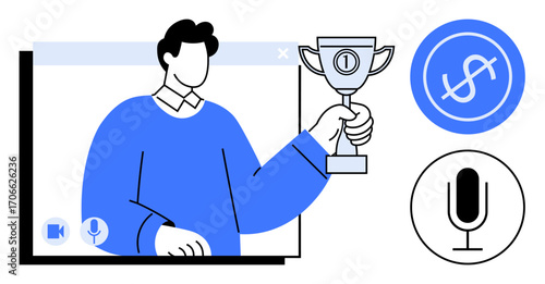 Person holding trophy in video chat interface, dollar and microphone icons nearby. Ideal for success, virtual events, recognition, motivation, webinars, online learning, simple landing page
