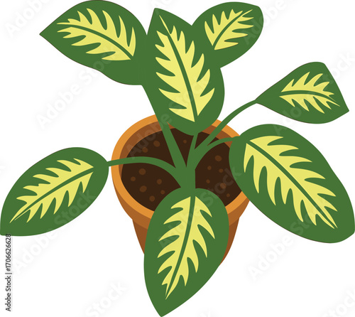 Vector illustration of a green potted plant with striking yellow patterned leaves. Perfect for gardening, home decor, nature, botany, and eco-friendly creative projects.