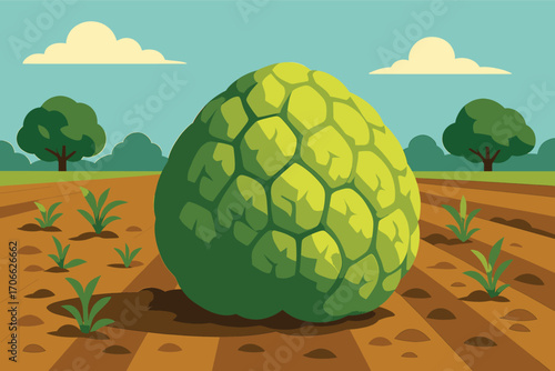 Vector illustration of a green custard apple growing in a farmland field with trees in the background. Perfect for farming, agriculture, fruit, and nature projects.