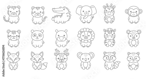 A set of cute cartoon animal illustrations in black and white line art, arranged in a grid layout