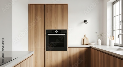Warm Minimalism Sunlit Kitchen with Seamless Wood Cabinetry and a Sleek Black Oven.