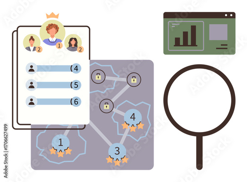 Leaderboard with rankings, performance map with locked areas, magnifying glass, analytics window. Ideal for teamwork, gamification, analysis, performance strategy evaluation motivation. Simple