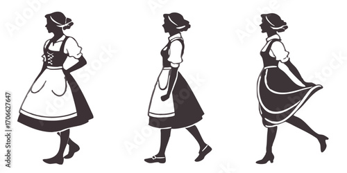 Bavarian Women in Dirndl Silhouettes PNG Set Isolated on Transparent Background
