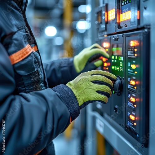 Worker adjusting complex machinery panel, lights glowing