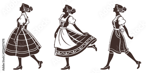 Bavarian Women in Dirndl Silhouettes PNG Set Isolated on Transparent Background