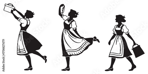 Bavarian Women in Dirndl Silhouettes PNG Set Isolated on Transparent Background