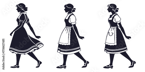 Bavarian Women in Dirndl Silhouettes PNG Set Isolated on Transparent Background