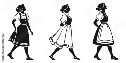 Bavarian Women in Dirndl Silhouettes PNG Set Isolated on Transparent Background