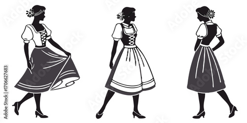 Bavarian Women in Dirndl Silhouettes PNG Set Isolated on Transparent Background