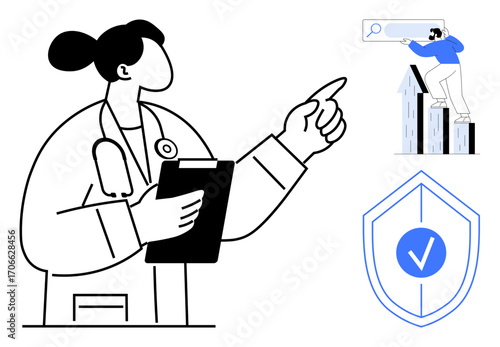 Doctor with a clipboard pointing, man analyzing data on upward graph, shield with checkmark symbolizing security. Ideal for healthcare, data analysis, growth, safety, protection, research team