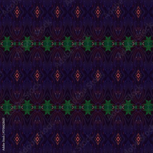 Abstract dark geometric pattern with green symmetry and red diamond motifs, perfect for backgrounds, fashion, or digital art.