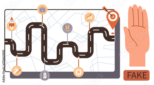Curved pathway with icons for goals, tasks, and rewards on map. Warning hand and Fake label signify caution in navigation. Ideal for planning, strategy, awareness, education, ethics accuracy simple