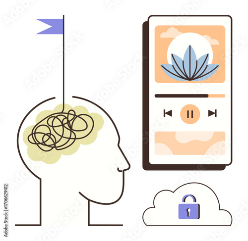 Human head with tangled thoughts, meditation app promoting mental well-being, and secured cloud storage. Ideal for mindfulness, mental health, relaxation, self-improvement, digital tools, innovation