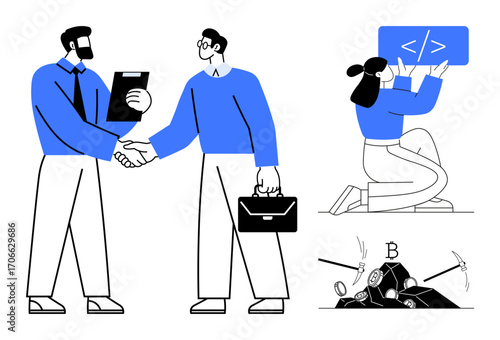 Two businessmen shaking hands, a coding developer working on a web project, and crypto mining imagery with scattered coins and tools. Ideal for teamwork, innovation, technology, blockchain, startups