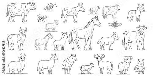 Charming hand-drawn farm animals for children's book illustrations or educational resources featuring cows, horses, sheep, goats, and insects in line art