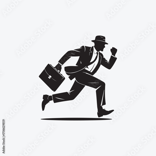 Black silhouette of a man in a suit and hat running with a briefcase businessman