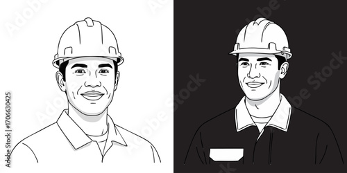 Construction worker portrait in black and white offers modern simplicity for diverse projects. Perfect for safety campaigns, industrial designs, and labor promotions
