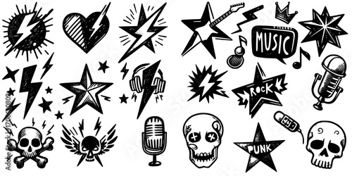 Noise Icons: Visual Anthem of Rock & Punk Culture, A dynamic collection of black-and-white graphic illustrations featuring iconic symbols of rock and punk music—skulls, lightning bolts