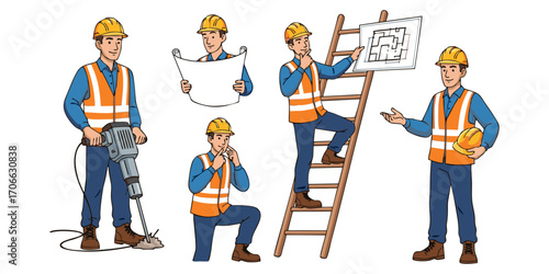 Illustrations of a construction worker in various poses showing project plans, using tools, and climbing a ladder, perfect for safety or building projects