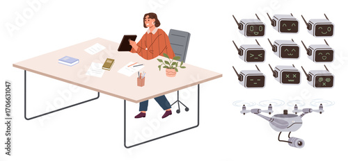 Woman sitting at desk using tablet, surrounded by papers, books, and a plant. Nearby, AI faces and quadcopter suggest robotics, AI interactions, automation or modern tech. Ideal for technology AI