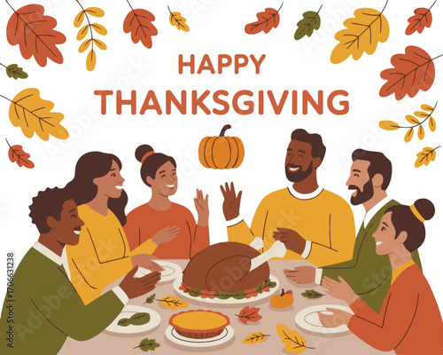 Happy Thanksgiving Dinner Celebration Vector Illustration with Family Gathering, Autumn Leaves and Holiday Feast