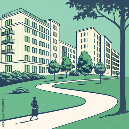 Person Walking on Path Towards Apartment Buildings in Green Park
